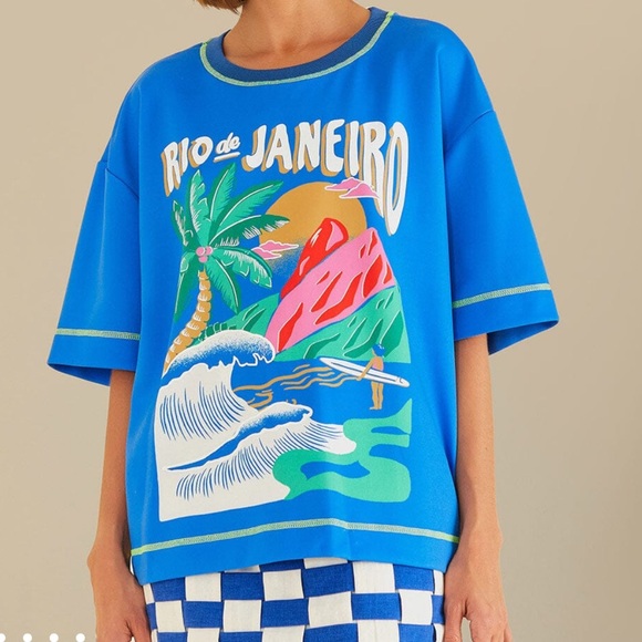 FARM Rio Tops - New FARM Rio Blue Graphic Short Sleeve Tee Tropical Vibrant Color Relaxed Small
